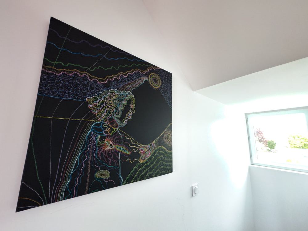 Grande toile noire sur châssis peinte au Posca