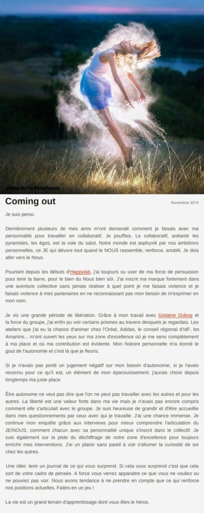Billet « Coming out », novembre 2014 Le billet de Moodstep « Coming out », novembre 2014