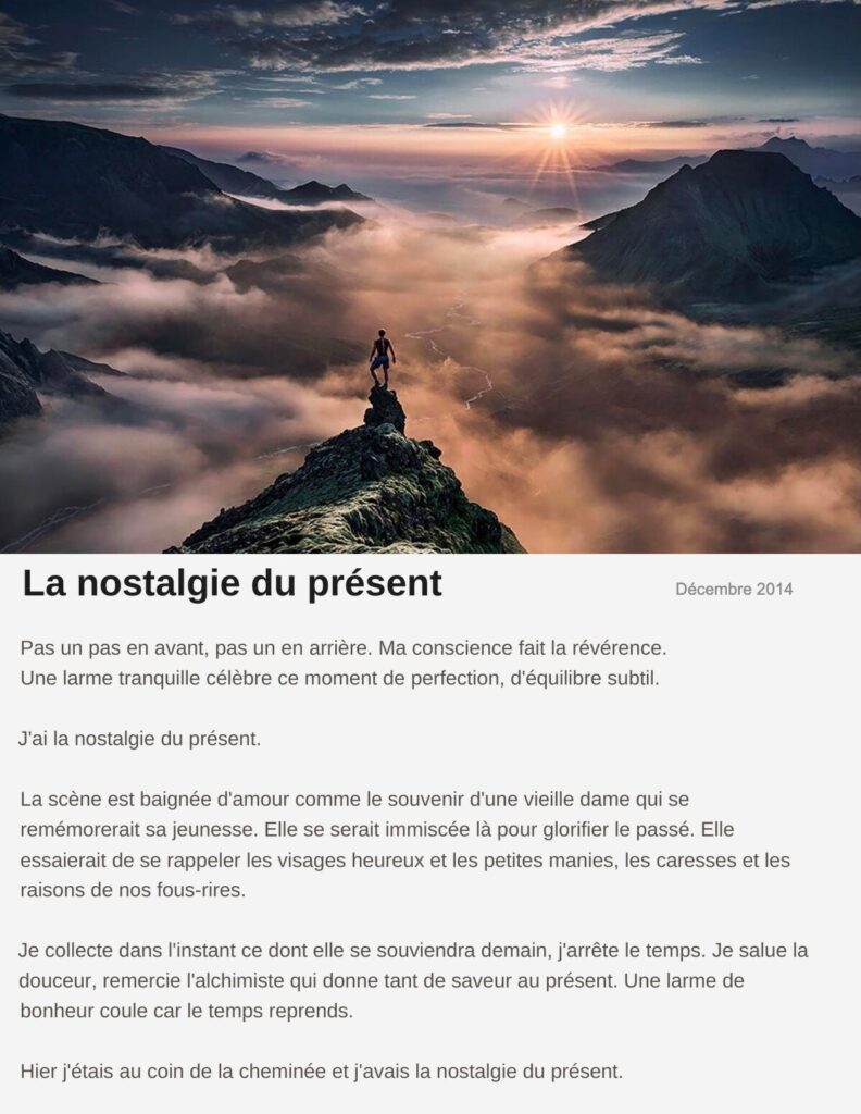 Billet « La nostalgie du présent », décembre 2014 Le billet de Moodstep « La nostalgie du présent », décembre 2014