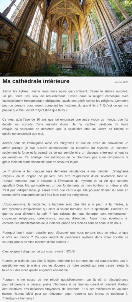 Billet « Ma cathédrale intérieure », janvier 2015 Le billet de Moodstep « Ma cathédrale intérieure », janvier 2015