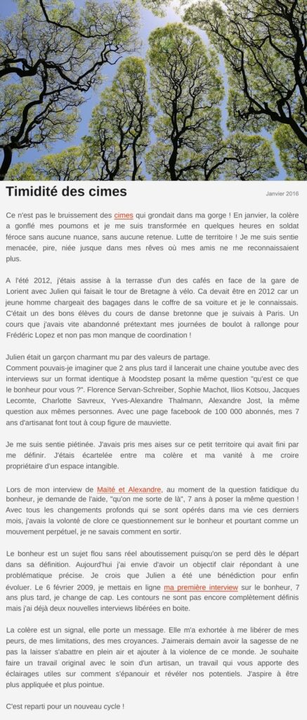 Billet « Timidité des cimes », janvier 2016 Le billet de Moodstep « Timidité des cimes », janvier 2016