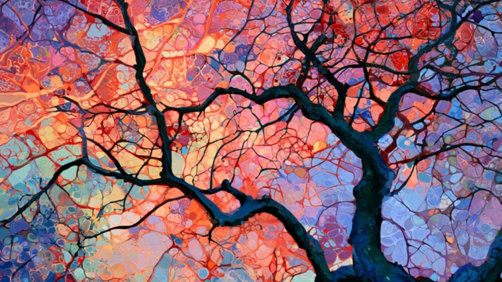 Tree of Radiance, peinture de Melissa Smith : un arbre sombre sur un fond de couleurs vives