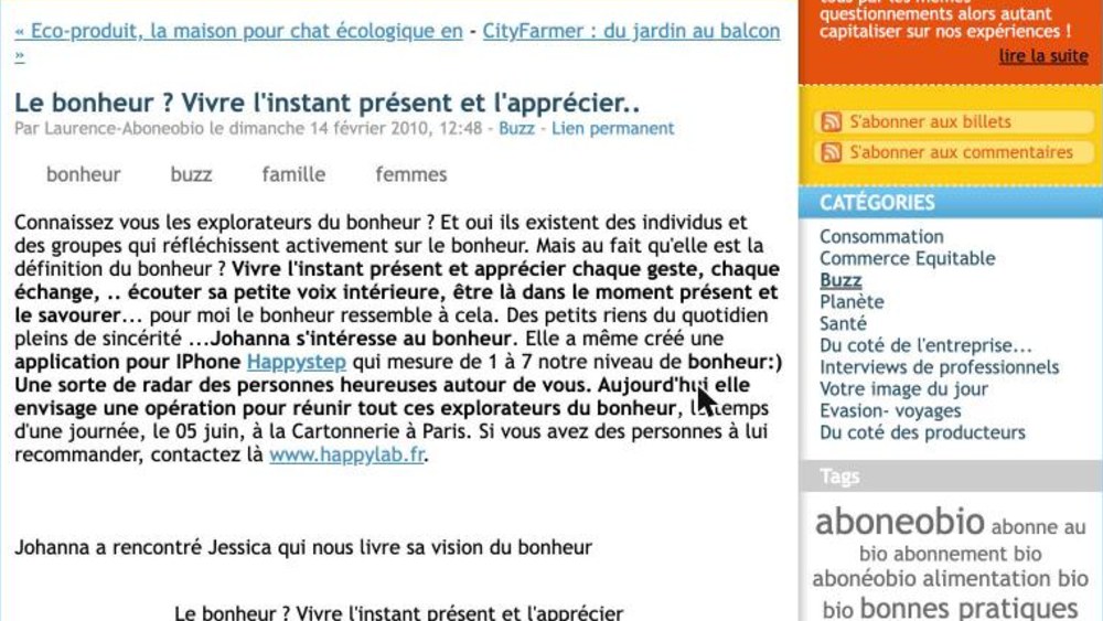 Article Abonéobio : Le bonheur ? Vivre l’instant présent et l’apprécier